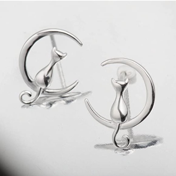 925 Silver Cat On The Moon Earrings - Picture 15 of 16